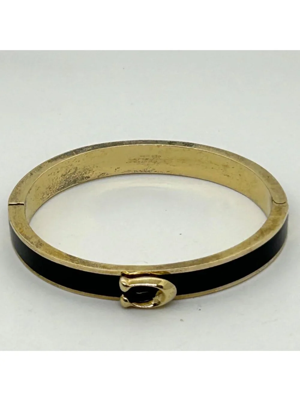 Coach Gold-Tone Black Bracelet Enamel Signature C Logo Hinged Bangle 6 3/4 in.